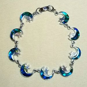 Abalone Slice Moon Star Bracelet in Blue Green Silver Tone Metal Vintage